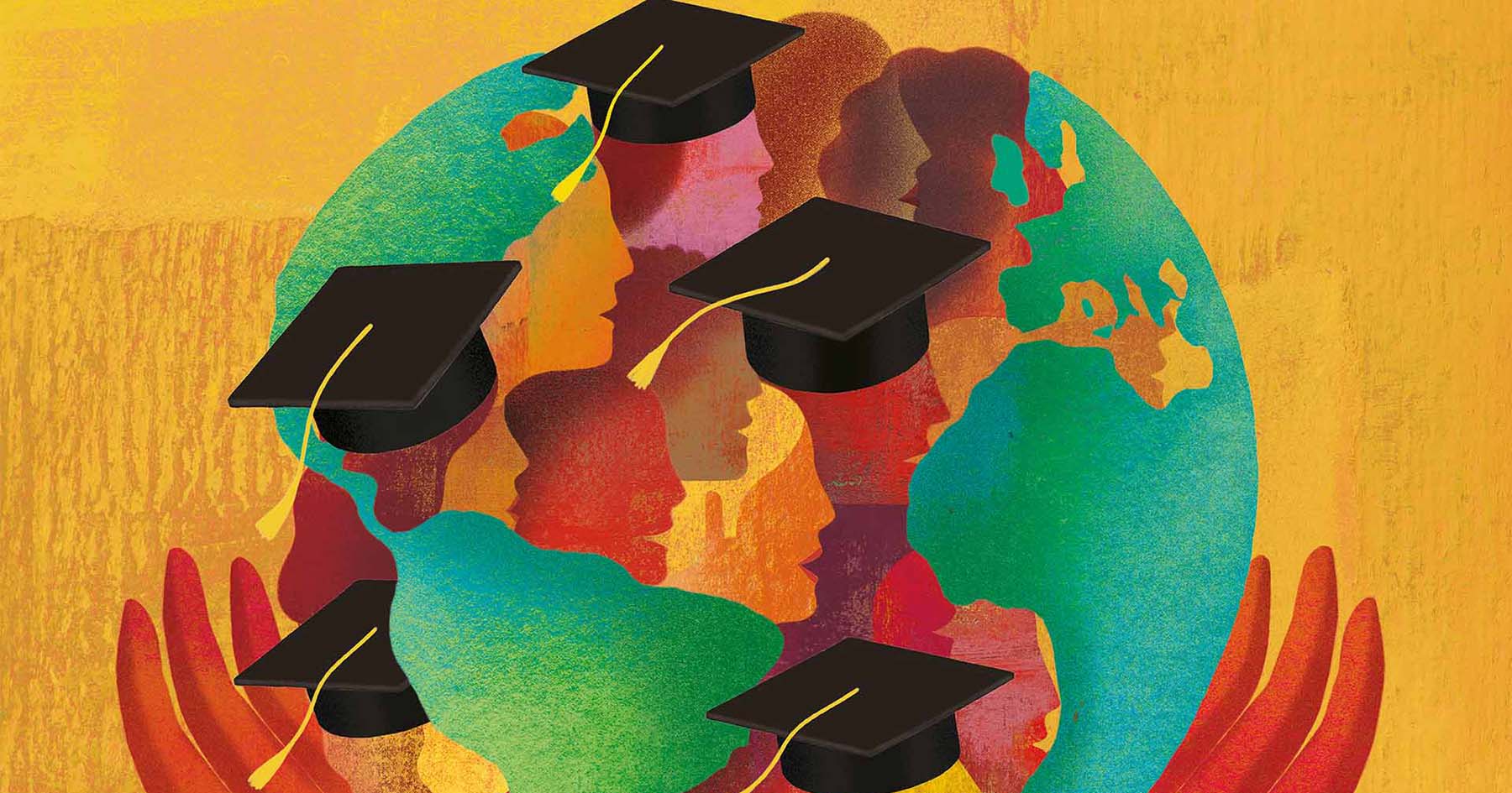 picture of globe with graduates in hats 
